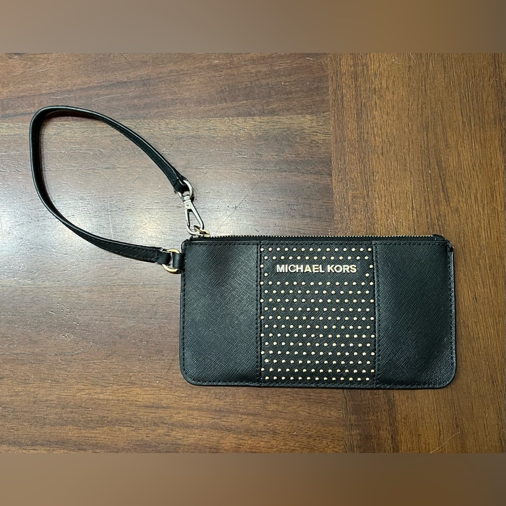 Michael Kors Jet Set Leather Black & Gold Studded Small Wristlet Wallet Clutch 🖤 - Picture 13 of 13
